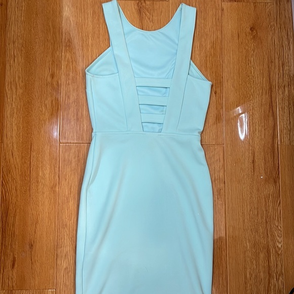 Women Forever21 Turquoise Mini Bodycon High Neck Dress with Ladder Back Cutouts - Picture 1 of 5